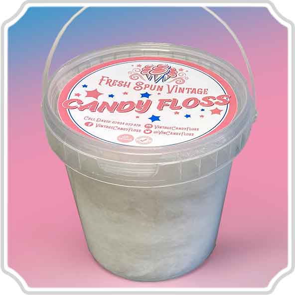 White Birthday Cake candy floss tub